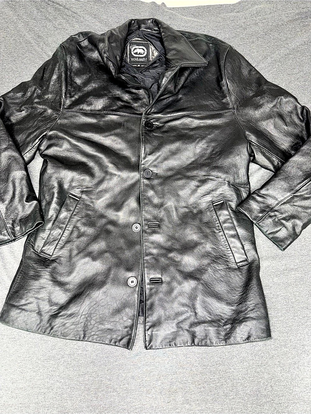 echo unlimited Men's Black Leather Button-Front Jacket Size Medium